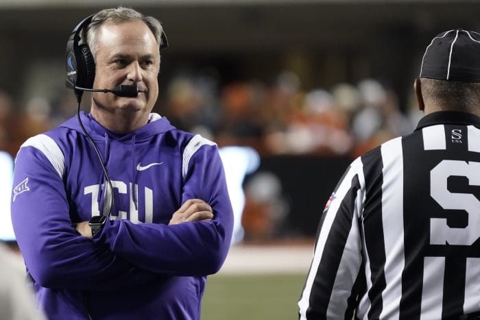 Nov 12, 2022; Austin, Texas, USA; Texas Christian Horned Frogs head coach Sonny Dykes talks with an official during the second half against the Texas Longhorns at Darrell K Royal-Texas Memorial Stadium.